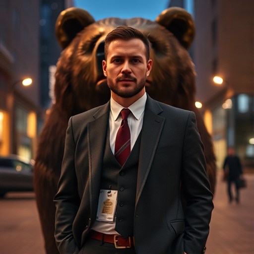 a sharp portrait of a well-dressed man in a suit standing confidently in front of a majestic bear at night in an urban setting, using a 50mm lens, f/1.8 aperture, ISO 100, shot at dusk to capture rich colors and details, cinematic lighting to enhance contrast and depth, taken with a full-frame DSLR camera