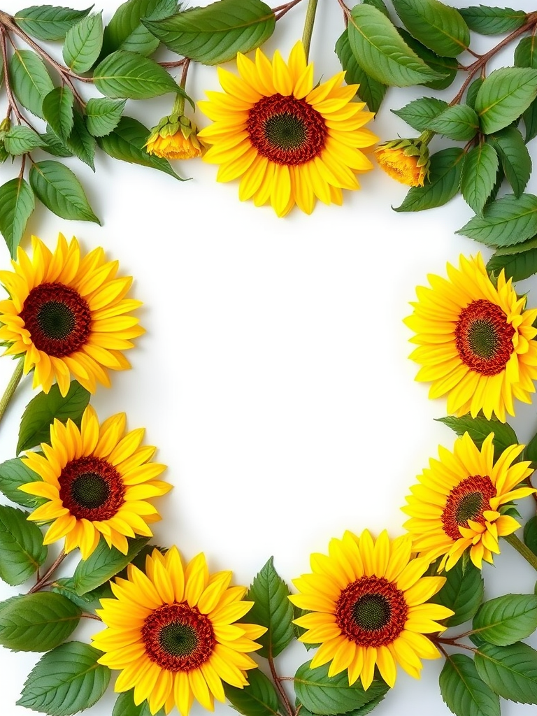 Create an image of a decorative frame featuring sunflowers and green leaves with a blank center for text, using a DSLR camera with a 50mm lens at f/2.8 aperture, ISO 100, shot in natural lighting from a top-down view to capture vibrant colors and sharp details.