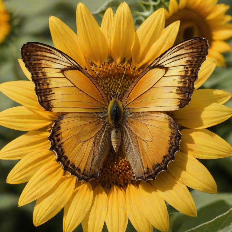 Sharp, detailed close-up of a butterfly resting on a bright yellow sunflower, soft light illuminating its delicate wings, with tiny details of pollen visible on the flower's center.