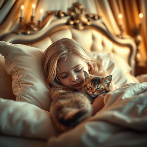 A serene scene of a young girl with golden hair peacefully sleeping in a lavishly decorated bedroom, surrounded by soft pillows and rich fabrics, holding a fluffy kitten, warm lighting with a dreamy ambiance, aperture f/1.8, ISO 100, shutter speed 1/60s, 35mm lens, DSLR camera, focus on the girl's face and the kitten's expression, soft background blur.