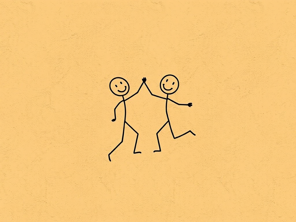Create a high-resolution illustration of two stick figures dancing joyfully on a textured brown background, shot from a slightly elevated angle using a digital camera set to a 50mm lens, aperture f/2.8, ISO 100, and natural soft lighting for enhanced clarity and detail.