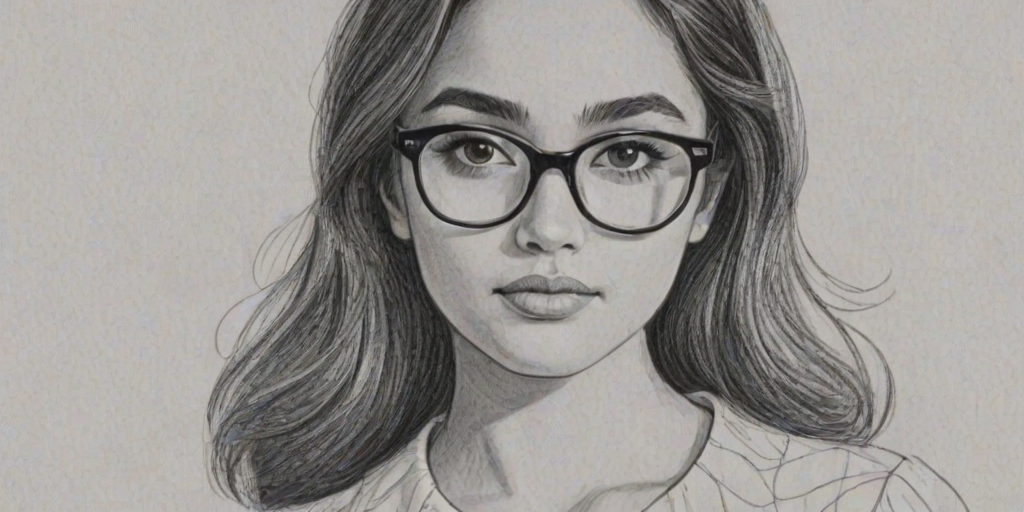 Charming Summer Bishil, pencil sketch, portrait of Pleasing woman 1964s in glasses, hair style beatnik, outline, clear lines, fine lines, 8k