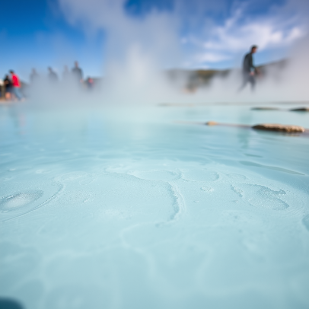 Capture a close-up shot of a geothermal hot spring with vibrant turquoise water bubbling, surrounded by steam and tourists in the background, using a Canon EOS 5D Mark IV with a 50mm f/1.8 lens, aperture at f/4, ISO 200, shutter speed of 1/250s, shot from a low angle to emphasize the water's texture and the steam effects.