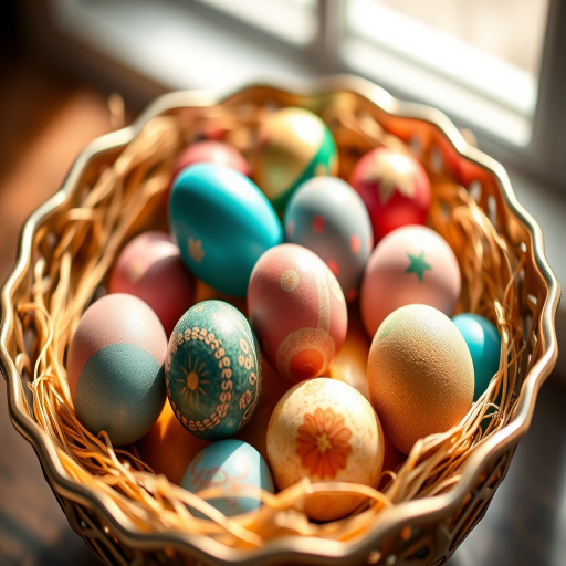 colorful decorative Easter eggs in a beautifully detailed metallic bowl, soft natural light, shallow depth of field, aperture f/2.8, ISO 100, 50mm lens, close-up shot, warm tones, high resolution