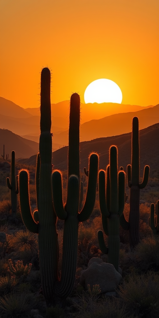 Create a high-resolution image of a desert landscape featuring various cactus silhouettes against rolling hills, with a stylized sun in the background, using a DSLR camera, aperture f/8, ISO 100, shutter speed 1/250 sec, and wide-angle lens.