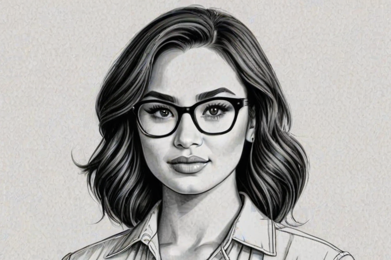 Radiant Demi Lovato, pencil sketch, portrait of Resplendent woman 1942s in glasses, hair style beatnik, outline, clear lines, fine lines, 8k