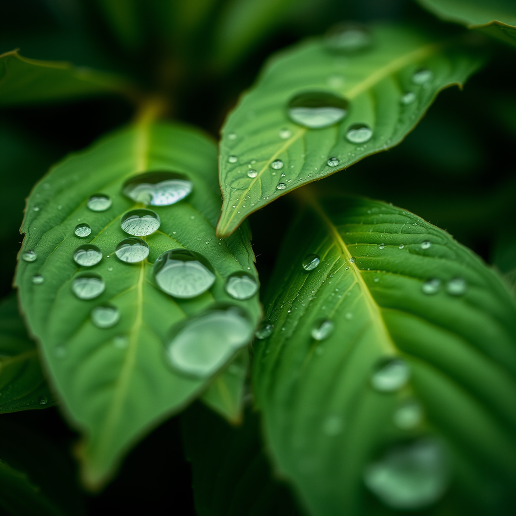 Close-up macro shot of green leaves with water droplets, focus on texture details, natural daylight, f/2.8 aperture, 1/125 sec shutter speed, ISO 200, DSLR camera.