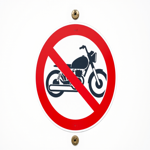 Create an image of a motorcycle restriction sign with a vibrant red circular border on a white background, using a DSLR camera with a 50mm lens, aperture set to f/2.8, shutter speed of 1/250s, and ISO 100, taken from a straight-on angle for a clean and sharp focus.
