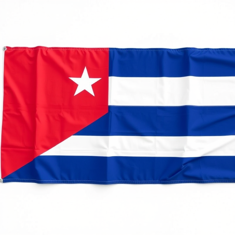 Generate an image of the Cuban flag featuring a red triangle with a white star, three horizontal blue stripes, and two white stripes in a high-definition format, using a DSLR camera set to ISO 100, aperture f/8, and a shutter speed of 1/125s, capturing a flat lay perspective with natural lighting.