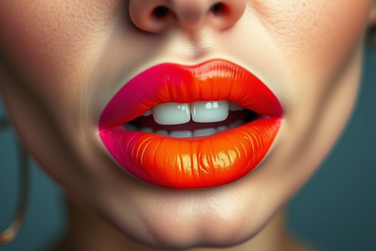 Striking two-toned lips with contrasting shades of fuchsia and orange, creating a bold and unique look that demands attention