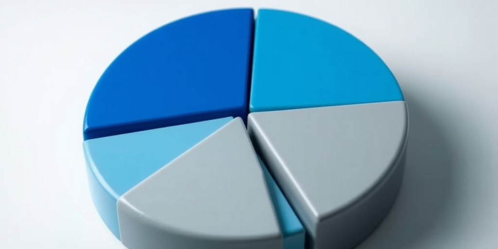 Create a 3D pie chart with varying shades of blue and gray, showcasing three distinct segments, each with a glossy finish, taken from a low angle view using a DSLR camera, with a 50mm lens, aperture set at f/2.8, ISO 100, and a focus on vivid colors and sharp details.