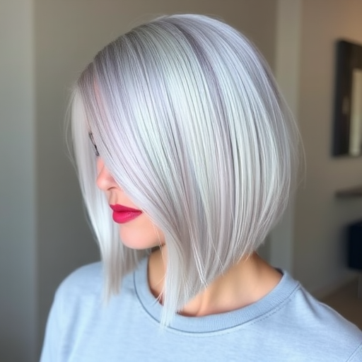 Striking silver-haired beauty rocking a chin-length graduated bob with blunt ends, styled with a sleek, straight finish and icy blue lowlights for dimension