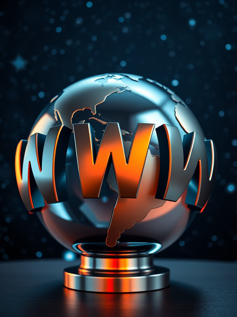 A metallic globe with the letters WWW wrapped around it, set against a starry space background, shot with a DSLR camera, 24mm lens, f/8 aperture, ISO 200, 1/100 sec shutter speed, in high resolution with vibrant colors and enhanced depth of field.