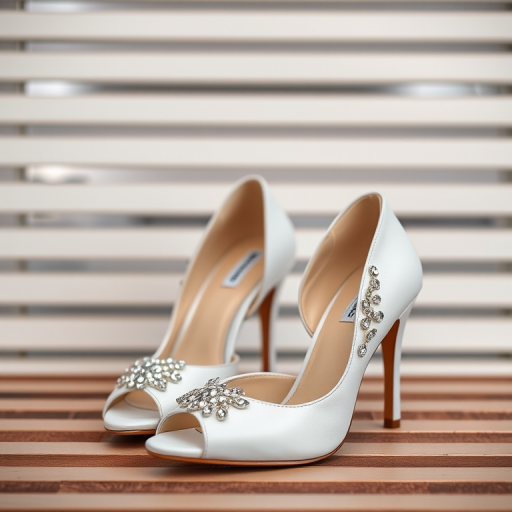 Regenerate an elegant pair of white high-heeled shoes with sparkling embellishments displayed on a modern slatted backdrop, using a DSLR camera at f/2.8, 50mm lens, ISO 100, with a shallow depth of field for a soft background blur.