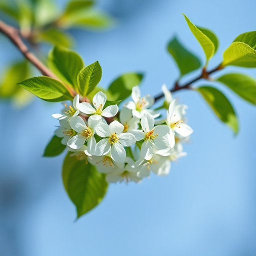Regenerate an image of delicate white flowers on a branch with lush green leaves against a soft blue background, using a DSLR camera, 50mm lens, f/2.8 aperture, ISO 100, shot in soft natural light at a slight upward angle for enhanced depth.