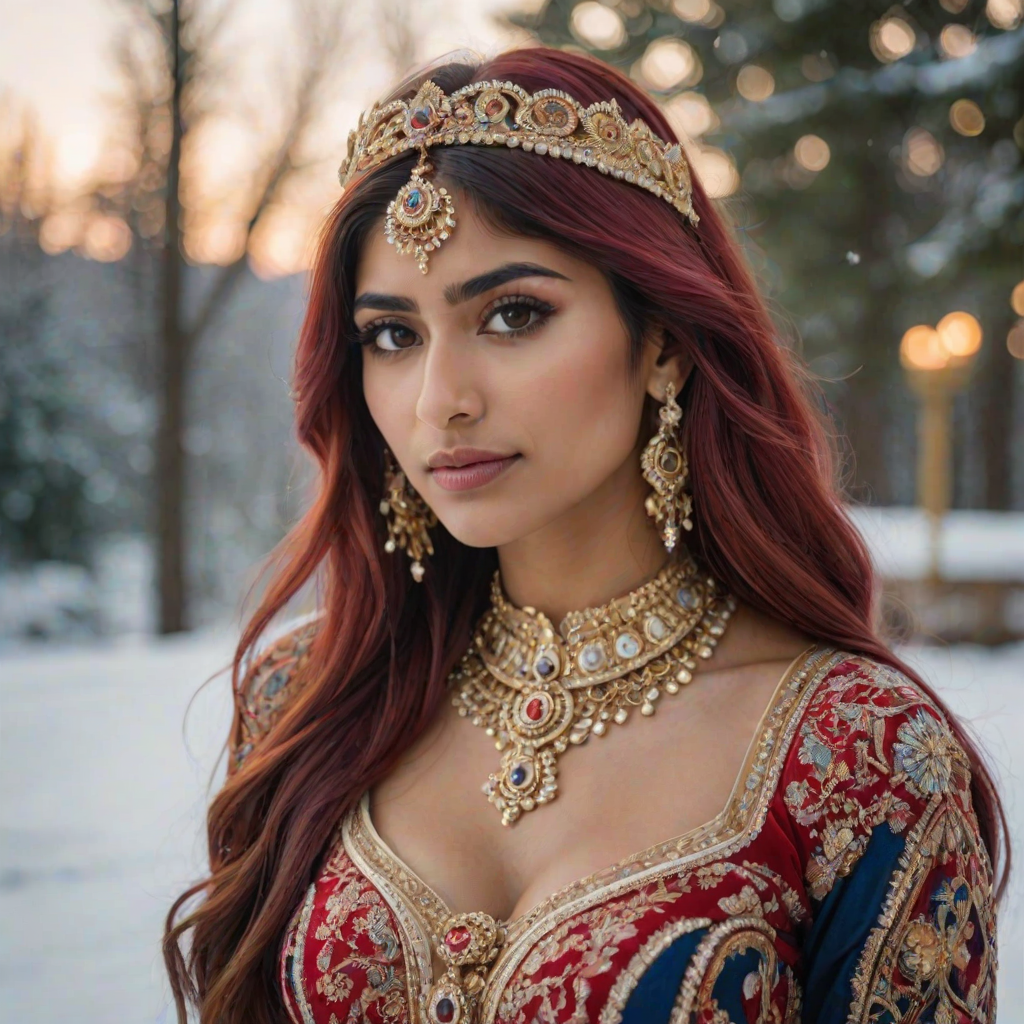 mia khalifa with long, flowing red hair, wearing a traditional, ornate red and blue costume with gold accents and intricate embroidery, stands facing the viewer in a close-up portrait. Her hair is styled in a high ponytail and adorned with a pair of golden, winged hairpieces. She wears gold earrings and her makeup is accented with light pink blush and a bright red lip. She has a soft and slightly melancholic expression, with her eyes looking directly at the camera. The background is a blurred, out-of-focus snowy landscape, with the woman in the foreground. The lighting is soft and natural, creating a warm, intimate atmosphere. The image is composed using a shallow depth of field, with the woman as the main focal point. The overall style is elegant, delicate, and fairytale-like.