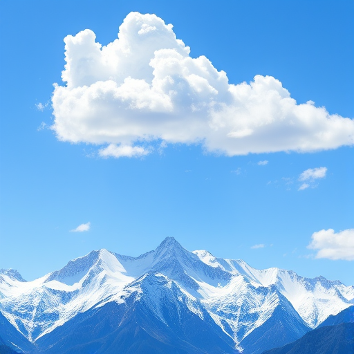 A high-resolution digital illustration of majestic snow-capped mountains under a clear blue sky with stylized clouds, captured using a DSLR camera with a 50mm lens, aperture set to f/8, ISO 100, and a landscape orientation to enhance depth and detail.