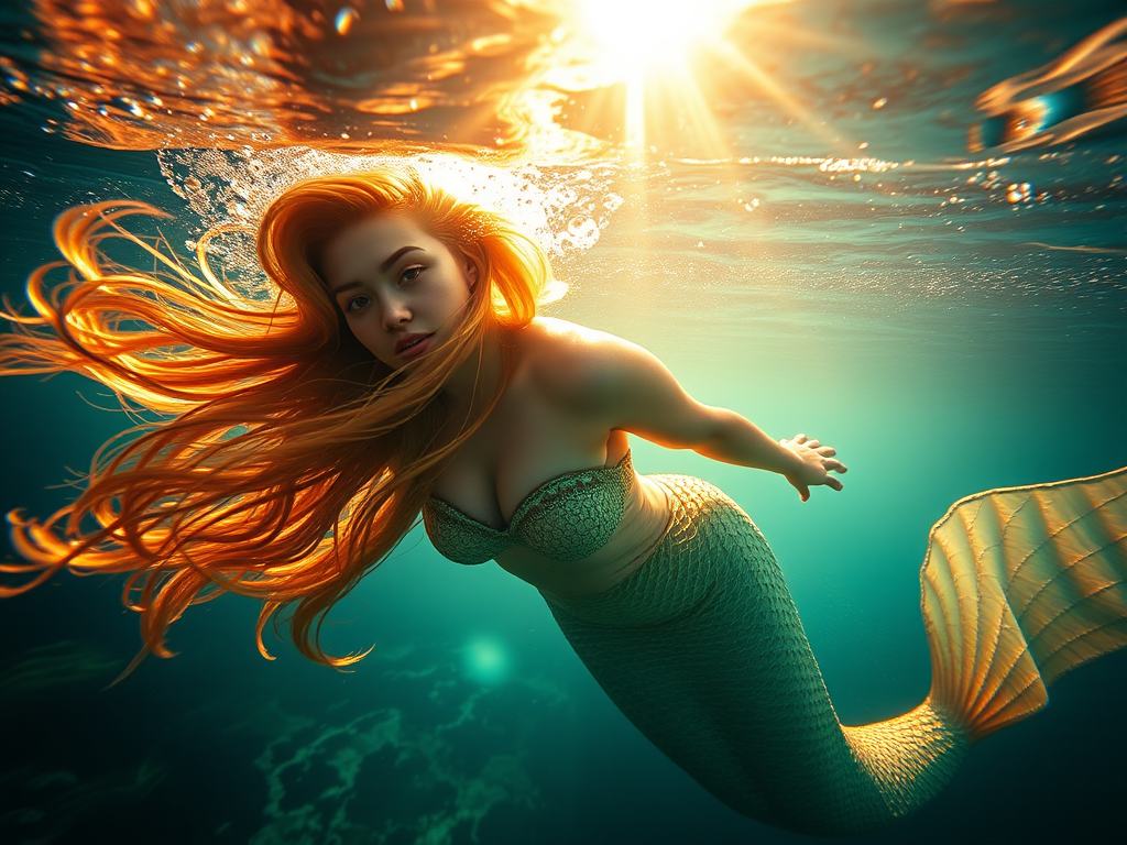 Create a high-resolution underwater image of a mermaid with flowing hair, illuminated by golden sunlight filtering through water, captured with a Canon EOS R5 at f/2.8, ISO 200, 50mm lens, using a high dynamic range style.