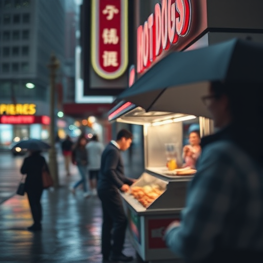 Blurry candid shot of a street vendor selling hot dogs on a busy city corner at night, soft neon lights from nearby shops reflecting off the wet pavement, with pedestrians huddled under umbrellas.