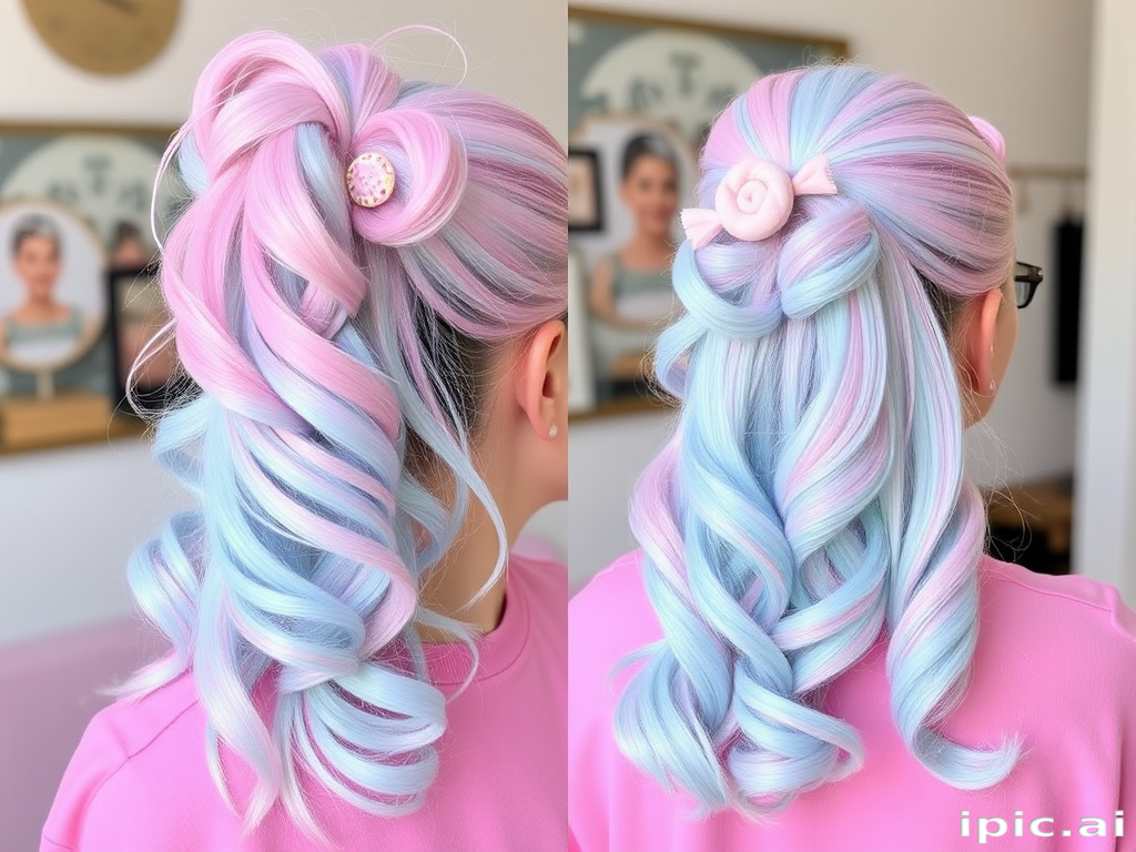 Whimsical image features Cotton Candy Dream hair, a playful mix of pastel pink and baby blue hues, styled in a high ponytail with spiral curls and candy-inspired hair clips