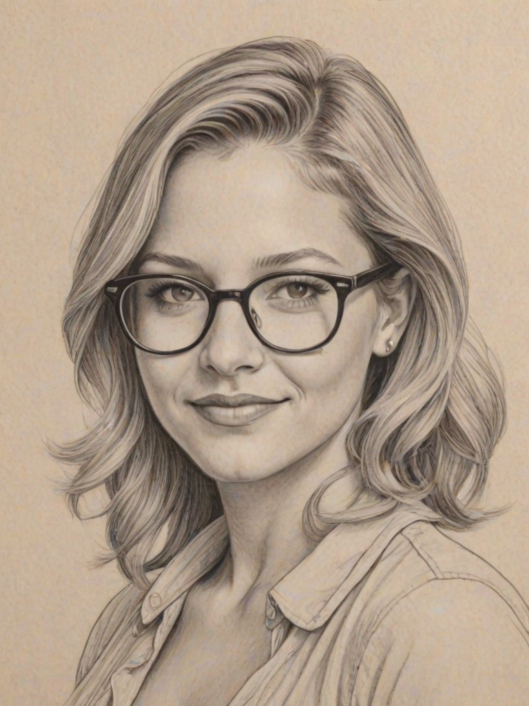 Resplendent Vanessa Ray, pencil sketch, portrait of Radiant woman 1953s in glasses, hair style beatnik, outline, clear lines, fine lines, 8k