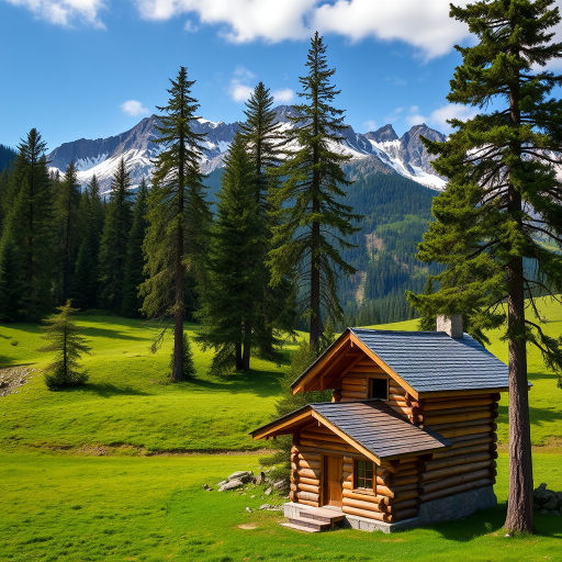 capture a serene mountain landscape with a wooden cabin, lush green fields, tall pine trees in the foreground, and snow-capped peaks in the background, use a Canon EOS 5D Mark IV with a 24-70mm f/2.8 lens, aperture set to f/8 for depth of field, ISO 100 for clarity, and a wide-angle view to enhance the expansive scenery.