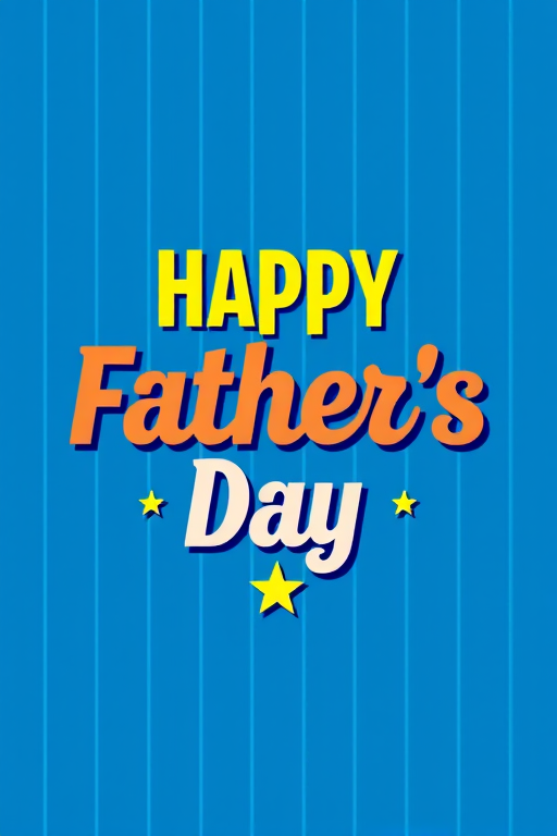 Create a vibrant Father's Day greeting card with "Happy Father's Day" in bold, modern typography on a striped blue background, using a 50mm lens, f/1.8 aperture, ISO 100, and natural light for clarity and depth.