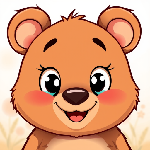 Create a cartoon-style illustration of a cute bear face with large expressive eyes and a friendly smile, using a digital drawing tablet and software to enhance colors and details, set at a resolution of 300 DPI, with a 50mm lens effect for a soft background blur.