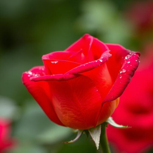 Create an image of a single rose with dew drops on its petals. The rose should be in full bloom and the background should be blurred with a hint of greenery. The rose should be captured from a side angle, showcasing its vibrant color and intricate petal structure.