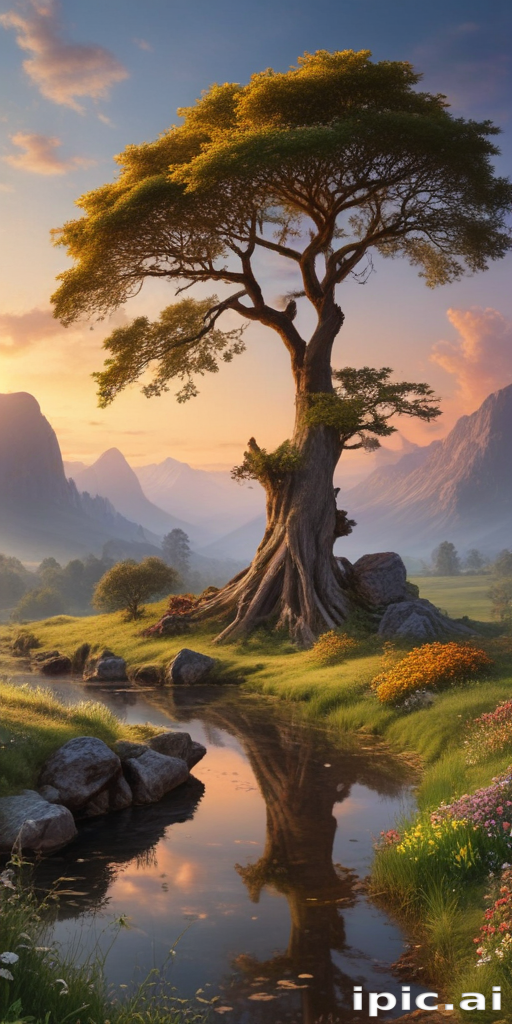 Serene Sunset Over Majestic Tree by Tranquil Mountain Stream