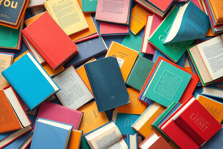 A colorful array of books scattered around, illustrated in a playful and vibrant style, shot with a DSLR camera at f/4 aperture, 50mm lens, ISO 200, in natural light, top-down view for a dynamic composition.