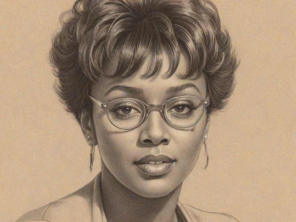 Dazzling Anita Baker, pencil sketch, portrait of Beauteous woman 1931s in glasses, hair style beatnik, outline, clear lines, fine lines, 8k