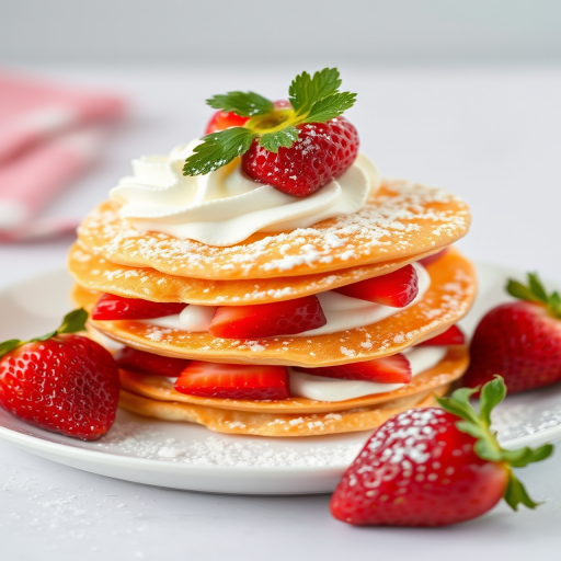 A stack of flaky pastry layers filled with whipped cream and fresh strawberries dusted with powdered sugar served on a white plate with a whole strawberry on the side