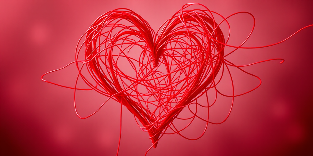 create a vibrant, chaotic red heart shape with tangled lines, high resolution, 50mm lens, aperture f/1.8, ISO 100, soft focus, taken from a slightly angled view using a DSLR camera