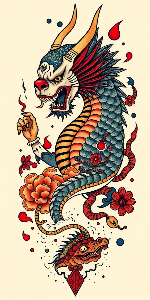 Neo-traditional tattoo named "Modern Mythology" combining classic tattoo imagery with contemporary styling bold lines and a expanded color palette