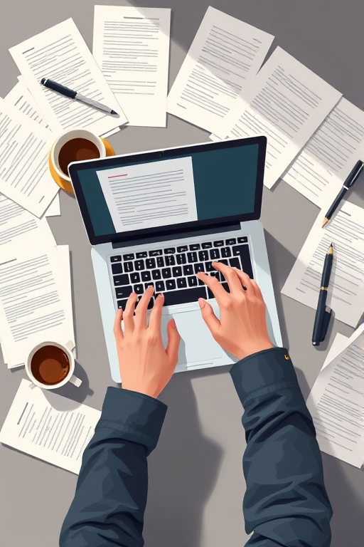 a flat lay illustration of two hands typing on a laptop surrounded by scattered documents, a coffee cup, and a pen, high-resolution, 50mm lens, f/2.8 aperture, natural lighting, overhead view, digital illustration style