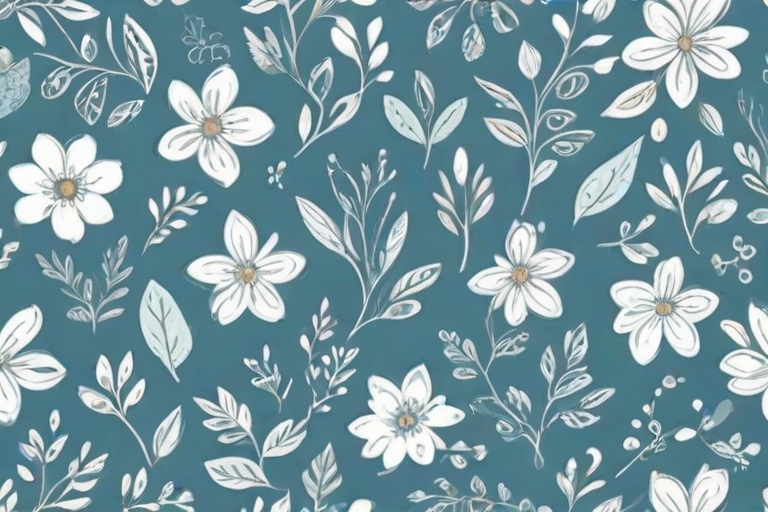 create a seamless pattern featuring whimsical hand-drawn white flowers, leaves, and abstract shapes on a soft blue background