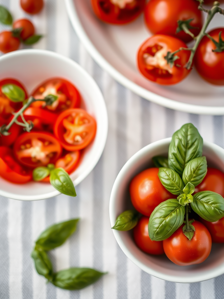 fresh red tomatoes sliced and whole in a white bowl with fresh basil leaves on a striped tablecloth, shallow depth of field, 50mm lens, f/2.8, ISO 100, natural soft lighting, overhead view, DSLR camera