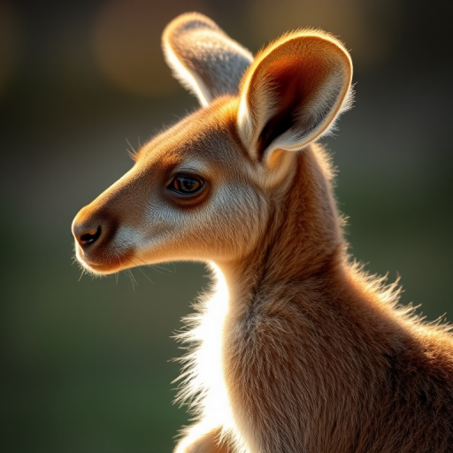 Create a high-resolution image of a kangaroo joey in profile view, with soft natural lighting, using a Canon EOS R5 camera, 50mm lens, aperture f/2.8, ISO 200, and a shallow depth of field to enhance the details and textures of the fur.
