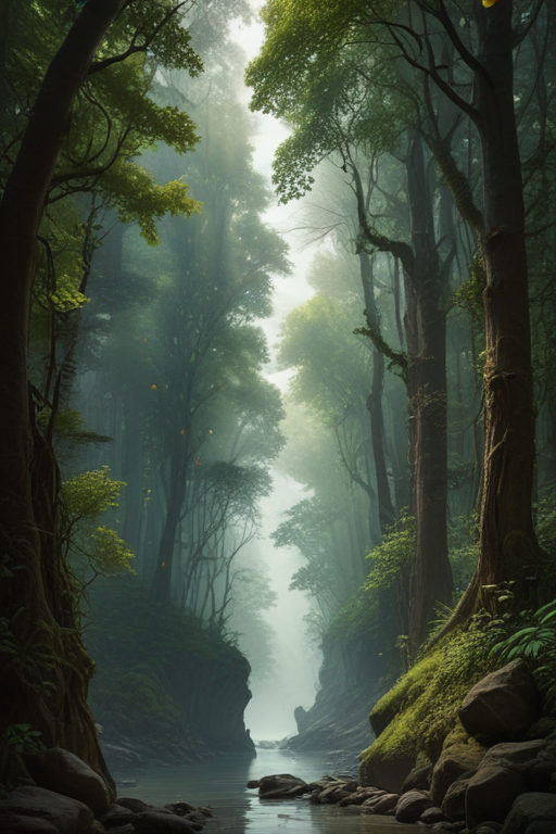 Serene Forest Landscape with Misty River Surrounded by Lush Green Trees