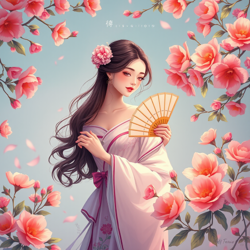 Create a digital illustration of a graceful figure holding a fan surrounded by blooming flowers, using a Canon EOS R5 camera with a 50mm lens, f/1.8 aperture, ISO 100, and a soft, diffused lighting setup for vibrant colors and details.