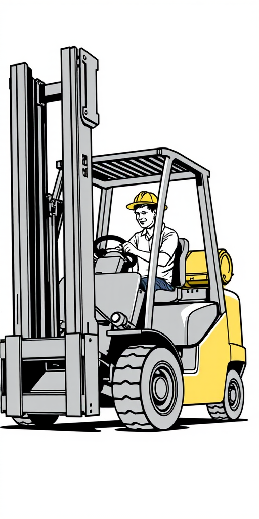 Create a detailed illustration of a forklift with a person operating it, using a mid-angle view, focus on sharp lines and contrast, in a vector art style, shot with a high-resolution digital camera at f/8 aperture, ISO 100, and 24mm lens to enhance image quality.