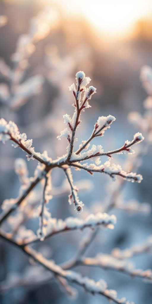 Create a close-up photograph of frost-covered branches in soft morning light, shallow depth of field, f/2.8 aperture, ISO 100, 50mm lens, using a DSLR camera.