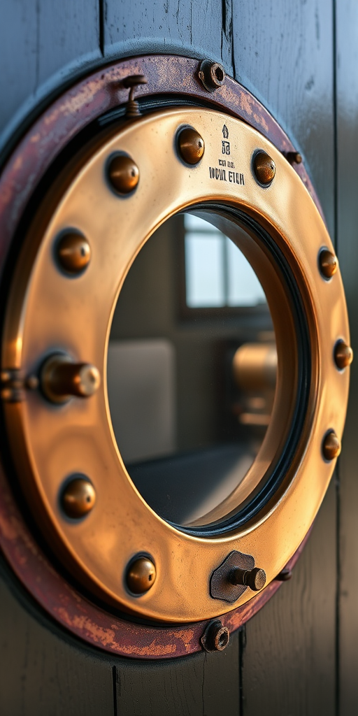 Create an image of a vintage brass porthole with detailed rivets and a polished finish, shot with a DSLR camera at f/2.8 aperture, 50mm lens, ISO 100, from a straight-on view, with natural lighting to enhance reflections and textures.