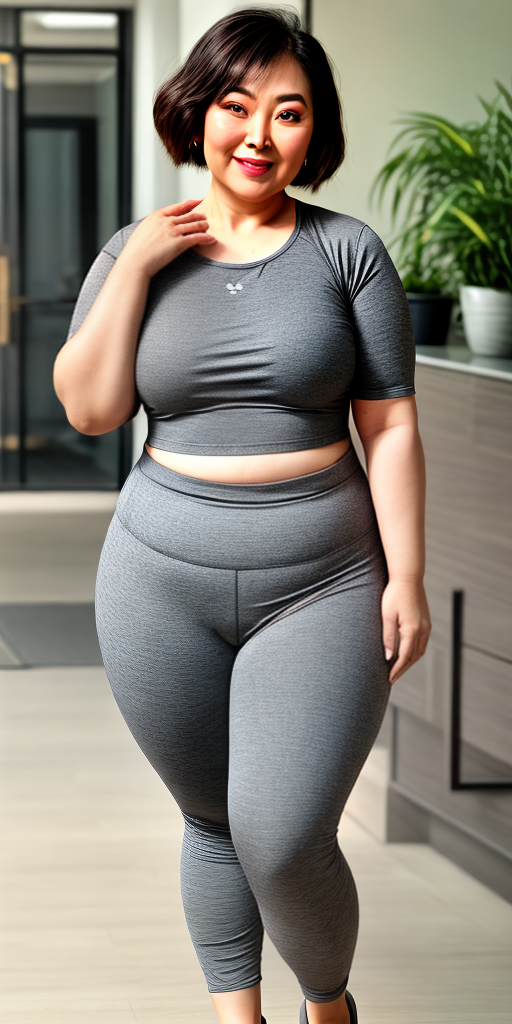 Chubby asian aunty with grey crop top and leggings