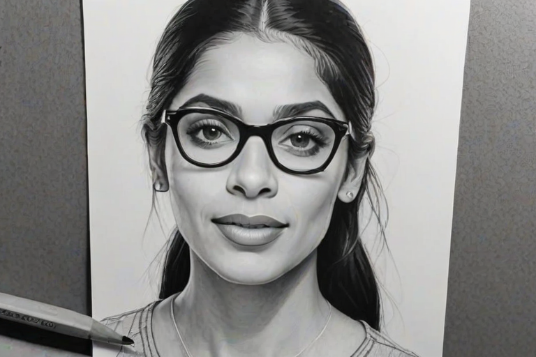 Resplendent Lilly Singh, pencil sketch, portrait of Radiant woman 1966s in glasses, hair style beatnik, outline, clear lines, fine lines, 8k