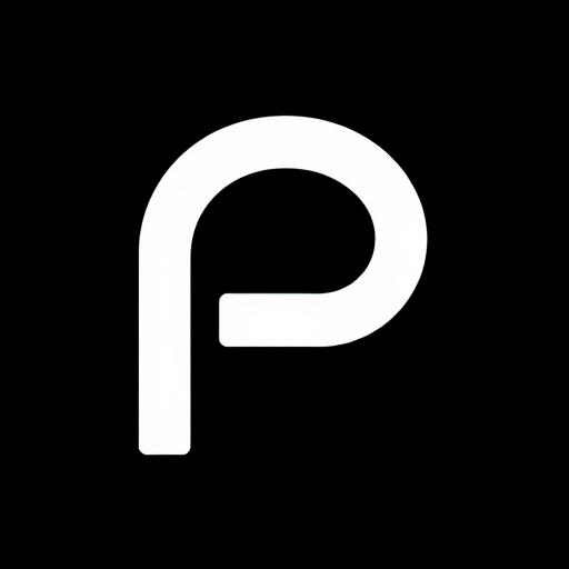 Create a minimalist logo featuring a bold letter P in white on a solid black background, shot with a DSLR camera at f/2.8 aperture, ISO 100, 50mm lens, top-down view for clarity and sharpness.