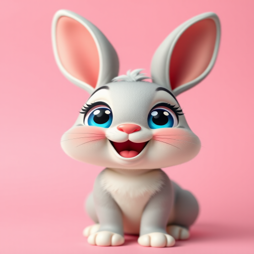 Generate a cute cartoon bunny character with large blue eyes and a joyful expression, set against a soft pink background, shot with a Canon EOS R5, 50mm lens, f/1.8 aperture, ISO 100, in a vibrant color style and centered composition.