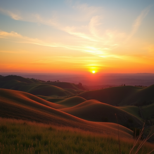 Generate a high-quality image of a serene landscape featuring rolling hills and a vibrant sunset, captured with a Canon EOS R5, 24-70mm lens, aperture f/8, ISO 100, shutter speed 1/125s, using a wide-angle view to encompass the full beauty of the scene.