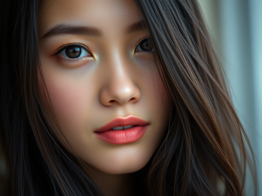 Portrait of a young woman with long dark hair, natural makeup, and soft lighting, captured with a Canon EOS R5, 85mm lens, f/1.4 aperture, ISO 100, 1/200s shutter speed, from a close-up perspective, using a shallow depth of field for a dreamy background effect.